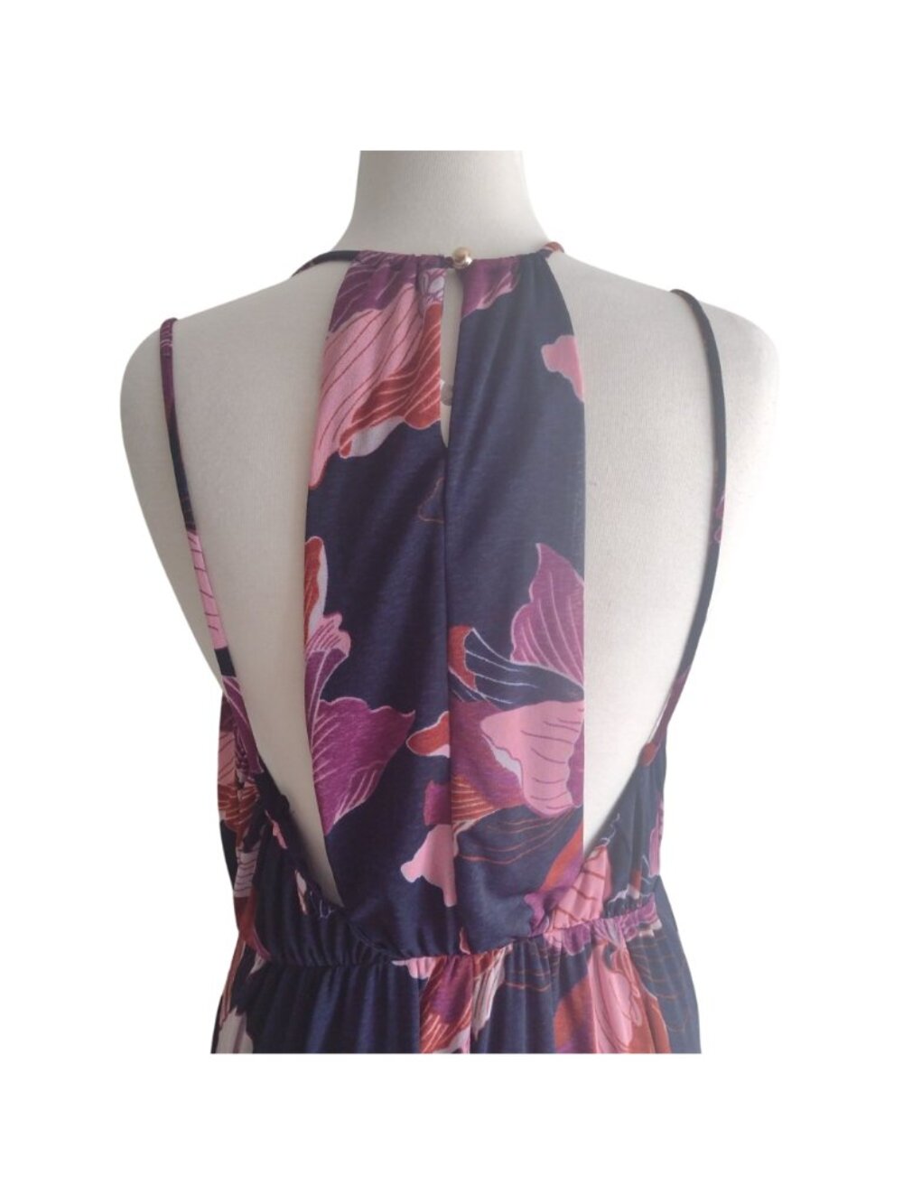 Anthropologie Floral Halter Dress L NEW Navy Purple Strappy Open Back Maxi - Picture 5 of 10